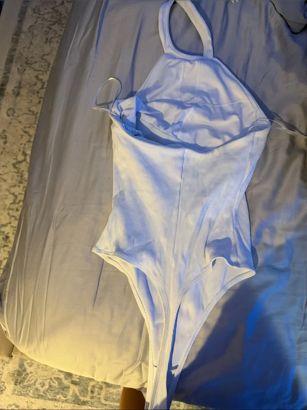 ALO Yoga White Ribbed Halter Bodysuit